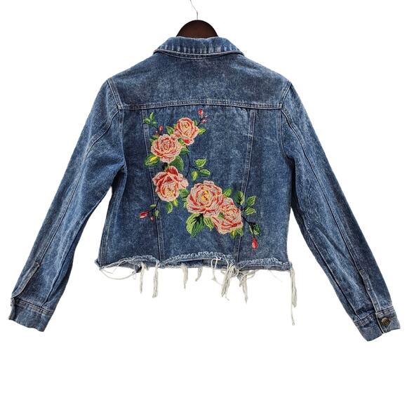 Sans Souci Jackets & Blazers - Sans Souci Jean Jacket Women's Size Small Embroidered Floral Cropped Distressed